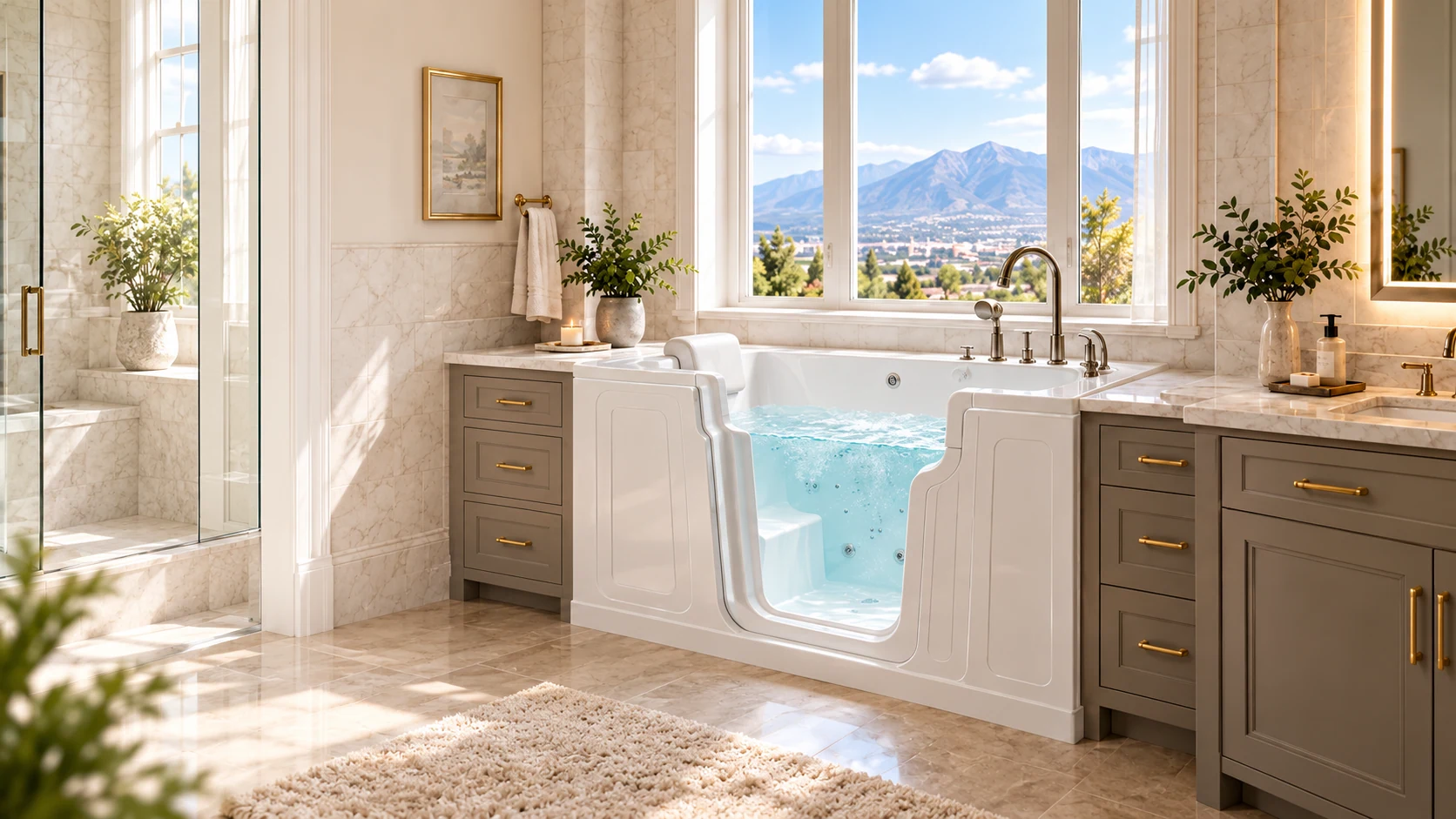 Bright residential bathroom with a white walk-in tub
