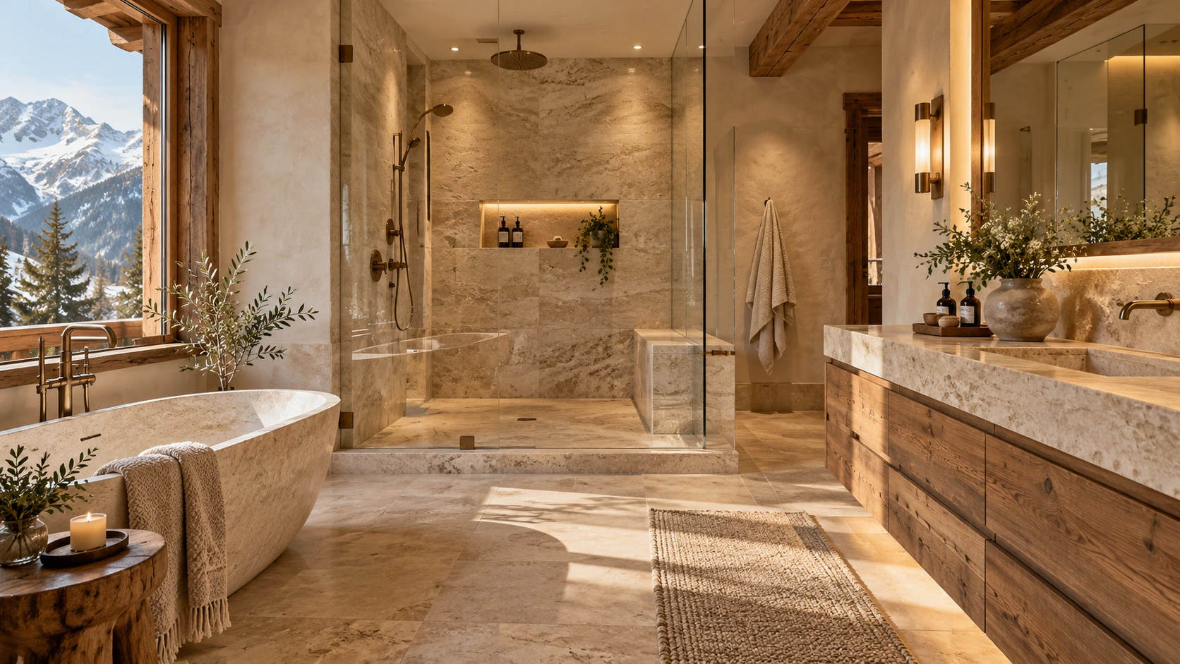 Warm stone bathroom with a glass-enclosed walk-in shower